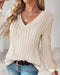 V-Neck Long Sleeve Pit Stripe Causal T-shirt Apricot