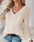 V-Neck Long Sleeve Pit Stripe Causal T-shirt Apricot