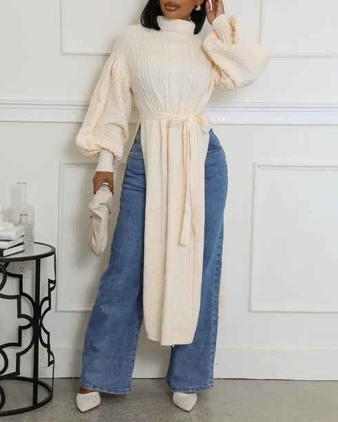 Cable Textured High Neck Lantern Sleeve Bow Tie Waist Sweater Casual High Slit Knit Longline Top Apricot