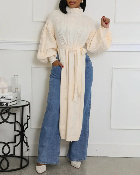 Cable Textured High Neck Lantern Sleeve Bow Tie Waist Sweater Casual High Slit Knit Longline Top Apricot
