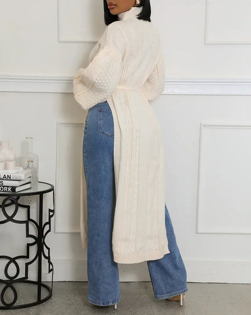 Cable Textured High Neck Lantern Sleeve Bow Tie Waist Sweater Casual High Slit Knit Longline Top Apricot