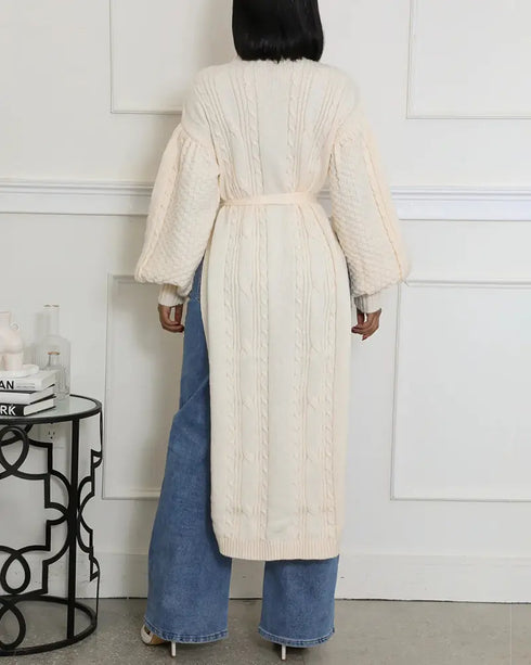 Cable Textured High Neck Lantern Sleeve Bow Tie Waist Sweater Casual High Slit Knit Longline Top Apricot