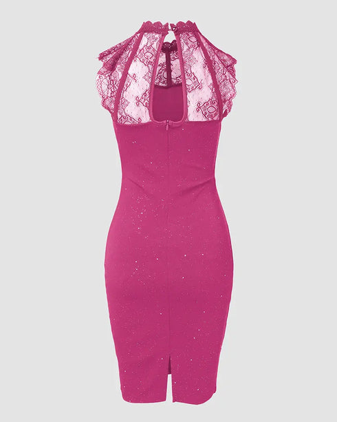 Halter Thick Strap Chic 3D Floral Dec Slim Fit Dress rose red