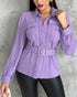 Textured Buttoned Flap Detail Puff Sleeve Top With Waistbelt purple