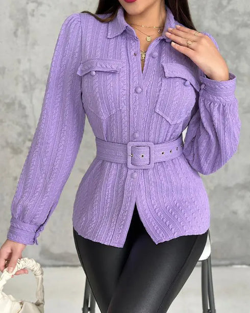 Textured Buttoned Flap Detail Puff Sleeve Top With Waistbelt purple