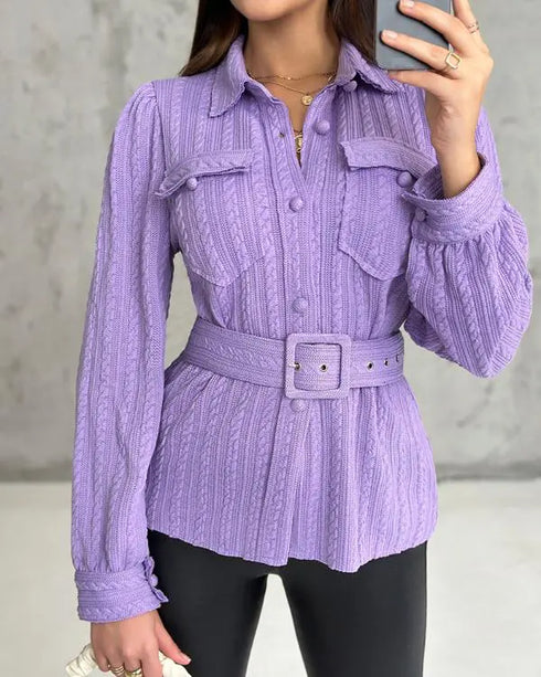 Textured Buttoned Flap Detail Puff Sleeve Top With Waistbelt purple