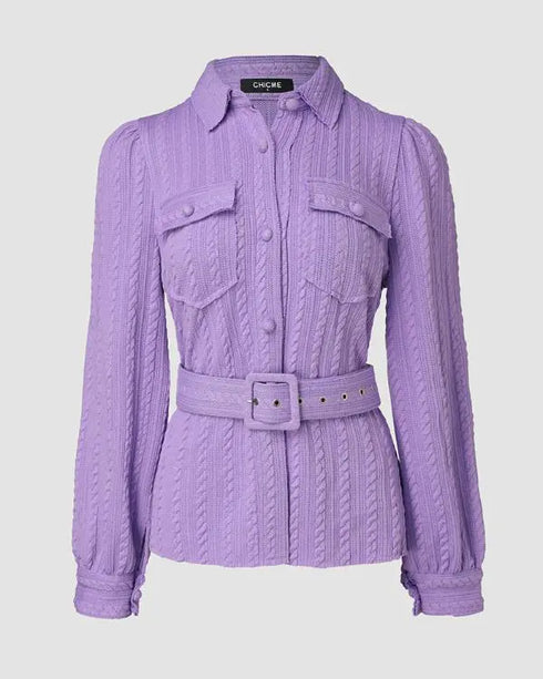 Textured Buttoned Flap Detail Puff Sleeve Top With Waistbelt purple