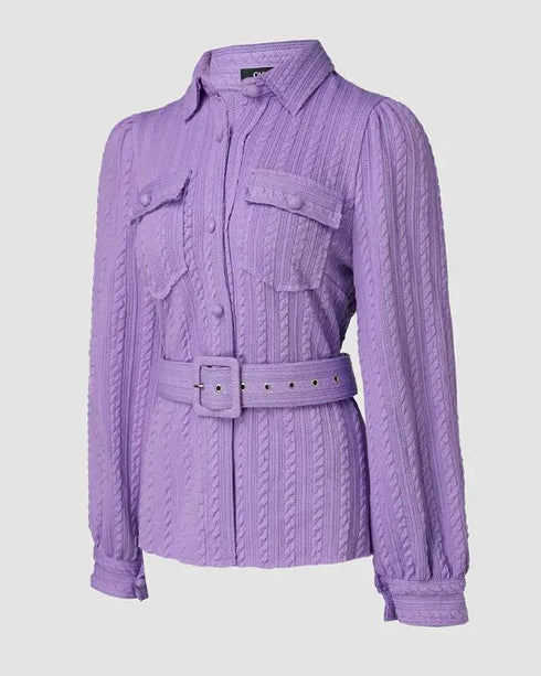 Textured Buttoned Flap Detail Puff Sleeve Top With Waistbelt purple