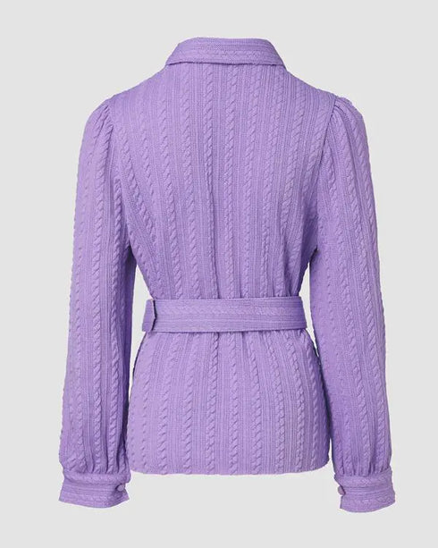 Textured Buttoned Flap Detail Puff Sleeve Top With Waistbelt purple