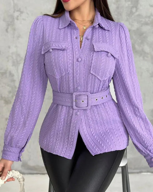 Textured Buttoned Flap Detail Puff Sleeve Top With Waistbelt purple