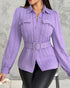 Textured Buttoned Flap Detail Puff Sleeve Top With Waistbelt purple