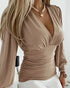 Deep V-Neck Rhinestone Decor Mesh Patchwork Lantern Sleeves Blouse Ruched Slim Fit Top khaki