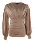 Deep V-Neck Rhinestone Decor Mesh Patchwork Lantern Sleeves Blouse Ruched Slim Fit Top khaki