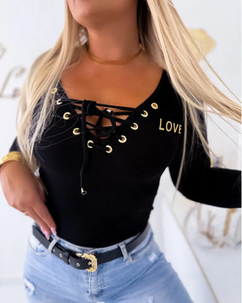 Lace-Up V-Neck Long Sleeve Ribbed Knit Shirt Casual Slim Fit Top black