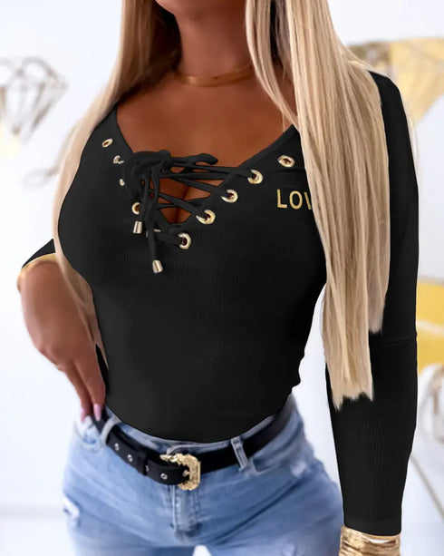 Lace-Up V-Neck Long Sleeve Ribbed Knit Shirt Casual Slim Fit Top black
