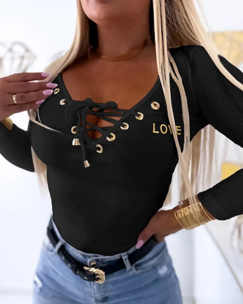 Lace-Up V-Neck Long Sleeve Ribbed Knit Shirt Casual Slim Fit Top black
