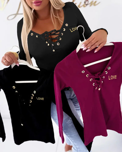 Lace-Up V-Neck Long Sleeve Ribbed Knit Shirt Casual Slim Fit Top black
