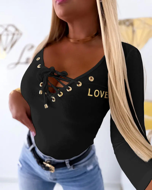 Lace-Up V-Neck Long Sleeve Ribbed Knit Shirt Casual Slim Fit Top black