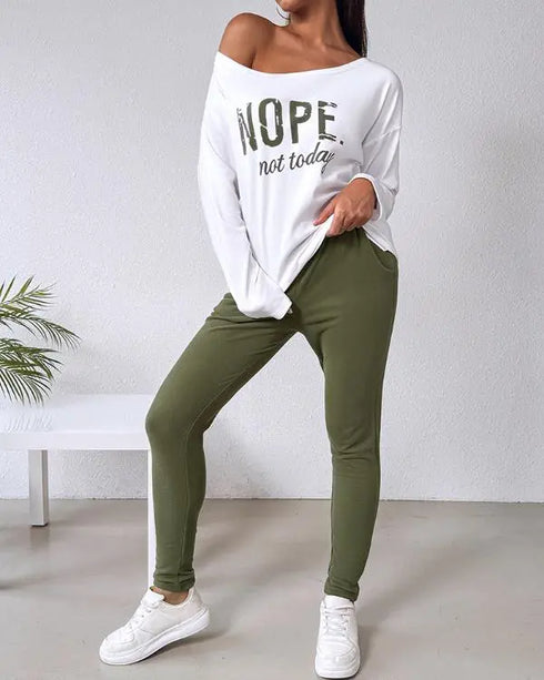 2 Pieces Outfit NOPE. not today Slogan Print Skew Neck Long Sleeve Pullover Top and Casual Drawstring Stretchy Waist Slim Fit Pants Set green