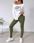 2 Pieces Outfit NOPE. not today Slogan Print Skew Neck Long Sleeve Pullover Top and Casual Drawstring Stretchy Waist Slim Fit Pants Set green