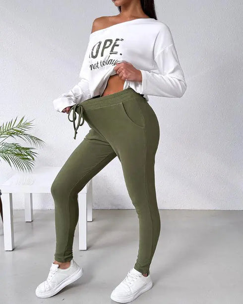2 Piece Faith Geometric Print Outfit Long Sleeve Skew Neck Pullover Tops Stretchy Waist Pants Set Tracksuit green