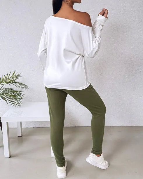 2 Piece Faith Geometric Print Outfit Long Sleeve Skew Neck Pullover Tops Stretchy Waist Pants Set Tracksuit green