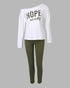 2 Pieces Outfit NOPE. not today Slogan Print Skew Neck Long Sleeve Pullover Top and Casual Drawstring Stretchy Waist Slim Fit Pants Set green