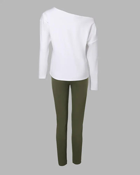 2 Pieces Outfit Long Sleeve Skew Neck Pullover Top and Drawstring Elastic Waist Slim Fit Pants Set green