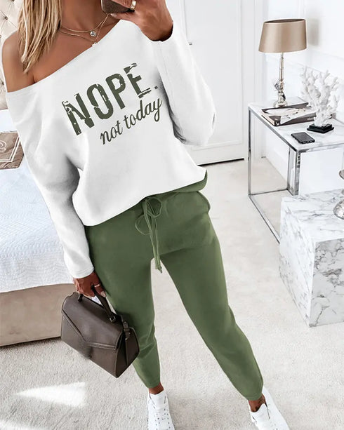 2 Pieces Outfit NOPE. not today Slogan Print Skew Neck Long Sleeve Pullover Top and Casual Drawstring Stretchy Waist Slim Fit Pants Set green