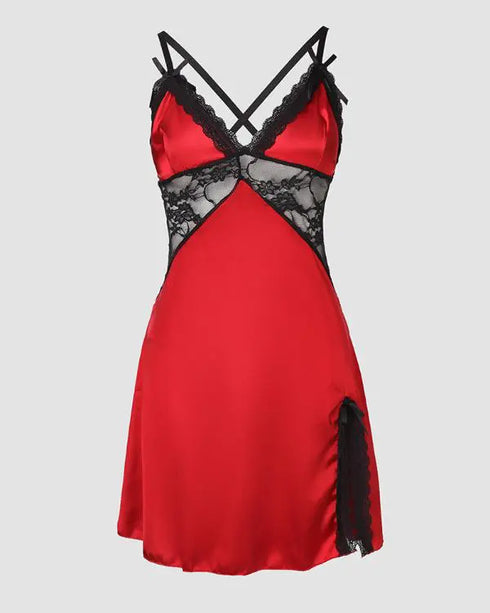 Contrast Lace Crisscross Babydoll Without Thong red