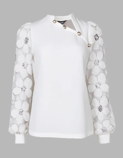 Lace Floral Open Front Long Sleeve Casual Button T-shirt white