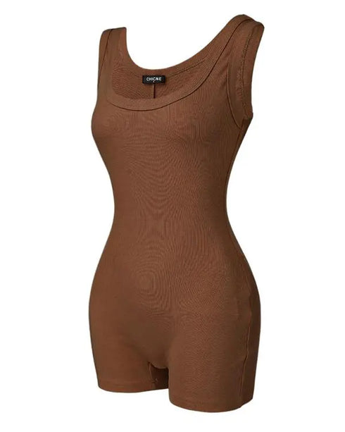 Ribbed U-Neck Yoga Romper Workout One Piece Seamless Tank Top Jumpsuit coffee