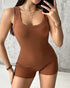 Ribbed U-Neck Yoga Romper Workout One Piece Seamless Tank Top Jumpsuit coffee