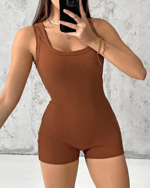 Ribbed U-Neck Yoga Romper Workout One Piece Seamless Tank Top Jumpsuit coffee