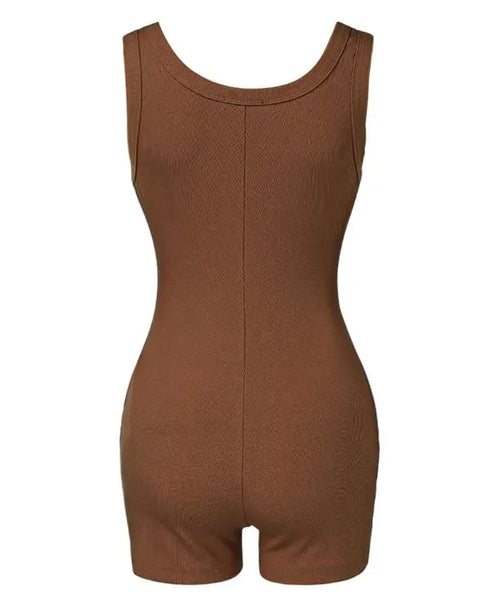 Ribbed U-Neck Yoga Romper Workout One Piece Seamless Tank Top Jumpsuit coffee
