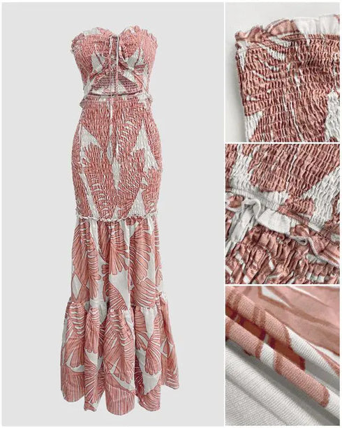 Tropical Print Halter Tie Shirred Frill Trim Cinched Waist Vacation Dress Ruched Cutout Front Slim Fit Ruffle Hem Mermaid Dress pink