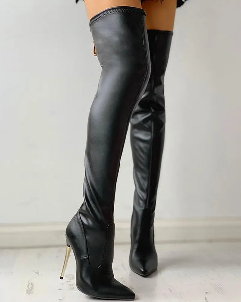 Zipper Knee-High Thin Heel Boots Pointed Toe Long Sexy Stiletto Heel black