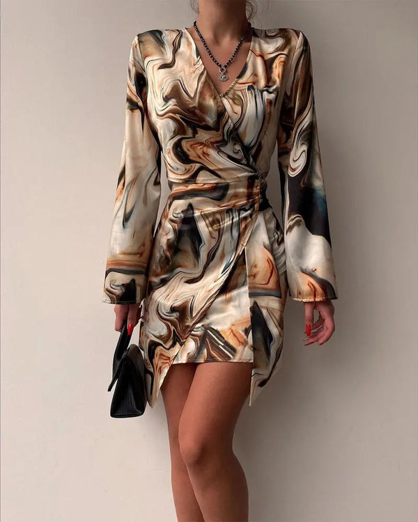 Marble Print Overlap V-Neck Wrap Front Ruched Vacation Dress Casual Cinched Waist Zipper Back Mini Dress Multicolor