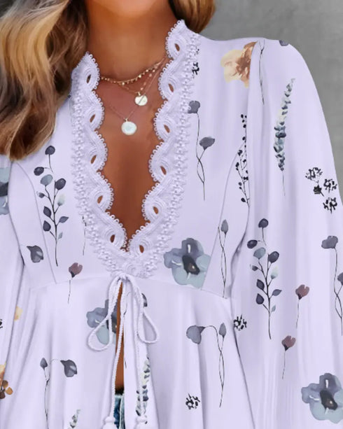 Ombre Cold Shoulder Lantern Sleeve Frill Ruffle Hem Blouse Top light purple