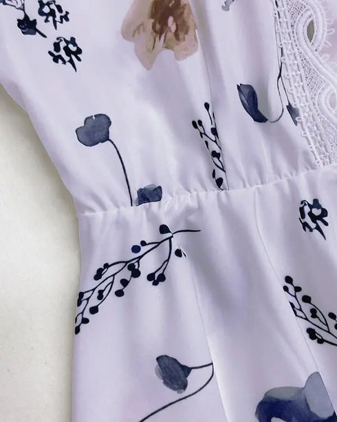 Floral Placement Print Deep V-Neck Contrast Lace Lantern Sleeve Flare Cuffs Blouse Casual Bow Tie Front Ruffle Hem Loose Top light purple