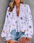 Floral Placement Print Deep V-Neck Contrast Lace Lantern Sleeve Flare Cuffs Blouse Casual Bow Tie Front Ruffle Hem Loose Top light purple