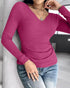 ChicMe Built-in Bra Notch Neck Long Sleeve Shirts Rib-Knit Ruched Waist Top hot pink