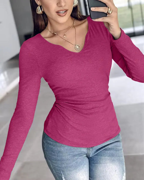 ChicMe Built-in Bra Notch Neck Long Sleeve Shirts Rib-Knit Ruched Waist Top hot pink