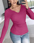 ChicMe Built-in Bra Notch Neck Long Sleeve Shirts Rib-Knit Ruched Waist Top hot pink