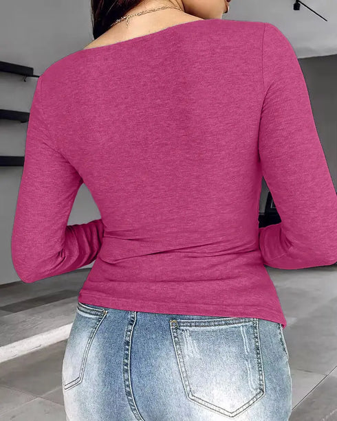 ChicMe Built-in Bra Notch Neck Long Sleeve Shirts Rib-Knit Ruched Waist Top hot pink
