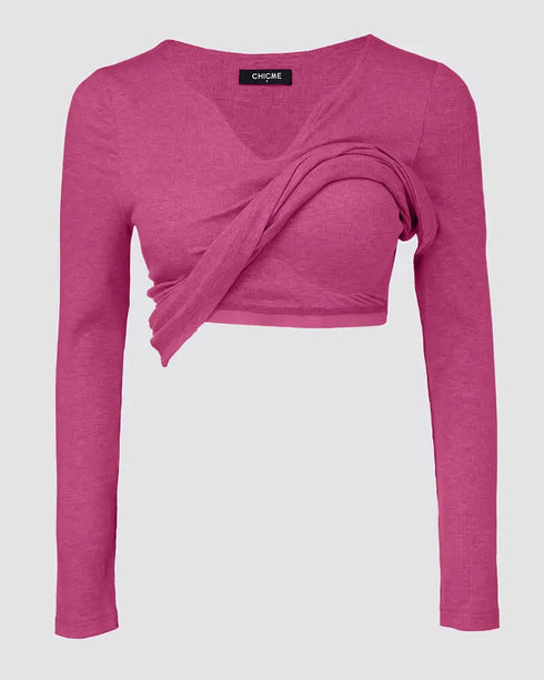 ChicMe Built-in Bra Notch Neck Long Sleeve Shirts Rib-Knit Ruched Waist Top hot pink