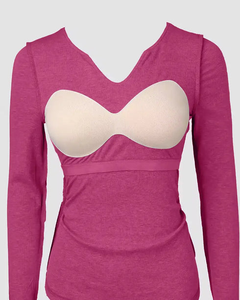 ChicMe Built-in Bra Notch Neck Long Sleeve Shirts Rib-Knit Ruched Waist Top hot pink