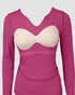 ChicMe Built-in Bra Notch Neck Long Sleeve Shirts Rib-Knit Ruched Waist Top hot pink