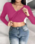 ChicMe Built-in Bra Notch Neck Long Sleeve Shirts Rib-Knit Ruched Waist Top hot pink