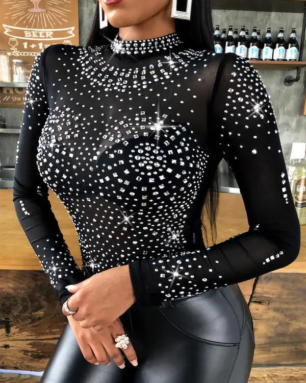 Rhinestone Studded Long Sleeve Bodysuit black